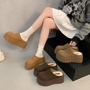 厚底内增高8CM小个子勃肯包头半拖鞋女冬季外穿2025加绒毛毛拖鞋