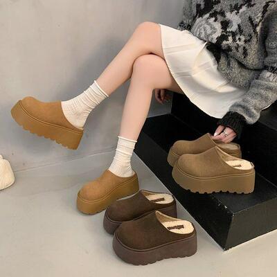 厚底内增高8CM小个子勃肯包头半拖鞋女冬季外穿2025加绒毛毛拖鞋