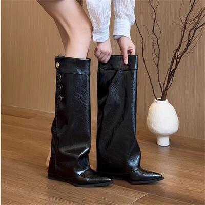 欧美风尖头平底长筒靴女靴气质冬季新款复古不过膝高筒裤管骑士靴