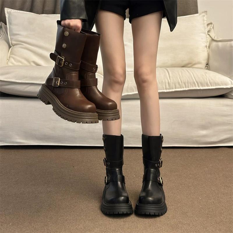英伦风两穿翻折马丁靴女款2025新款复古冬季中筒靴子厚底机车短靴
