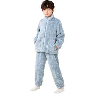 猫人男童珊瑚绒睡衣秋冬款加绒厚中大童男孩儿童法兰绒家居服套装