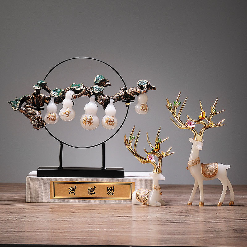 新中式鹿装饰办公室桌面工艺品轻奢玄关客厅葫芦摆件乔迁