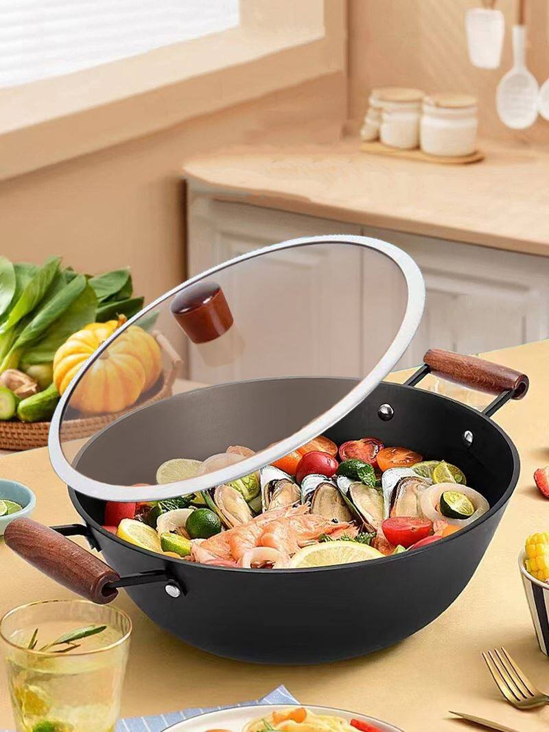 加厚老式铁锅大号双耳铸铁炒锅家用平底加深炖锅无涂层生铁炒菜锅