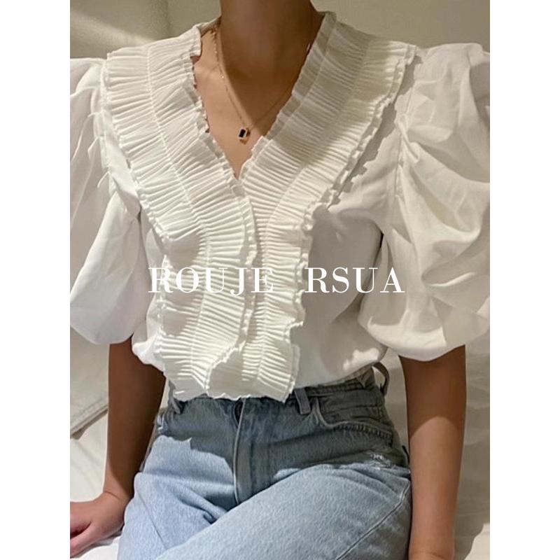 ROUJE RSUA法式宽松泡泡袖衬衫上衣女夏宫廷风V领拼接荷叶边设计