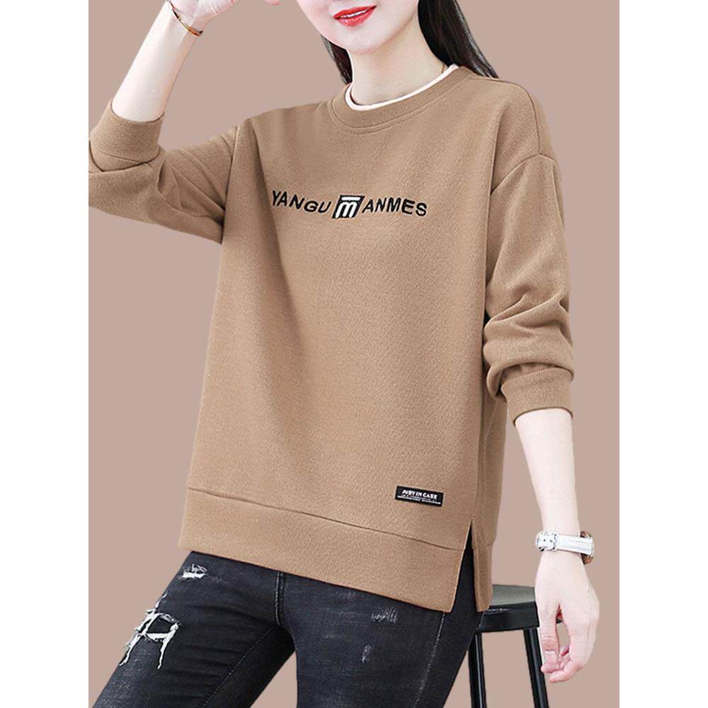 韩国时尚减龄开叉圆领卫衣女假两件上衣2025新款秋装宽松长袖T恤