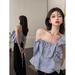 Rixo Kelly一字肩上衣斜露单肩吊带背心女荷叶边条纹法式别致衬衫