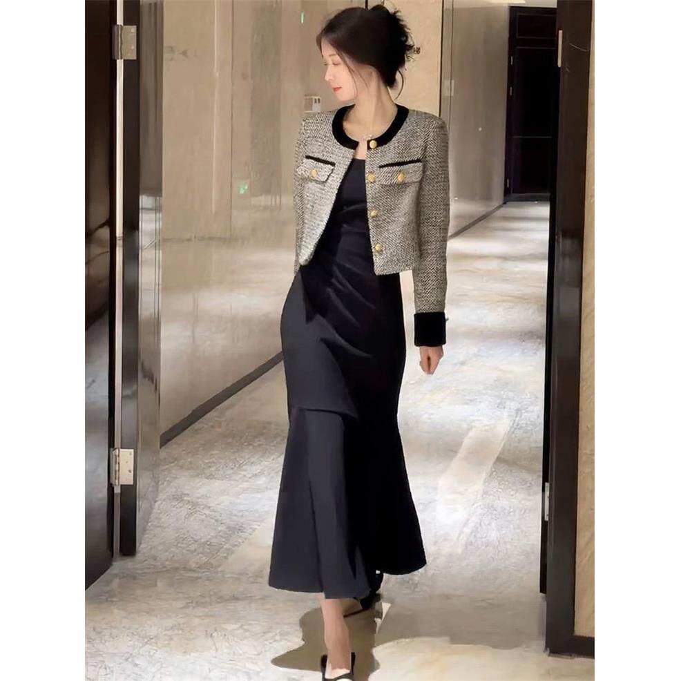 欧洲站秋装女2025新款法式气质修身显瘦黑色鱼尾连衣裙子两件套装