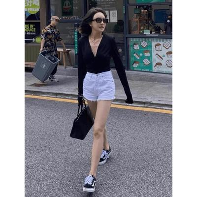 法式rouje damas黑色v领修身防晒薄款长袖T恤酷飒拽姐上衣女装秋