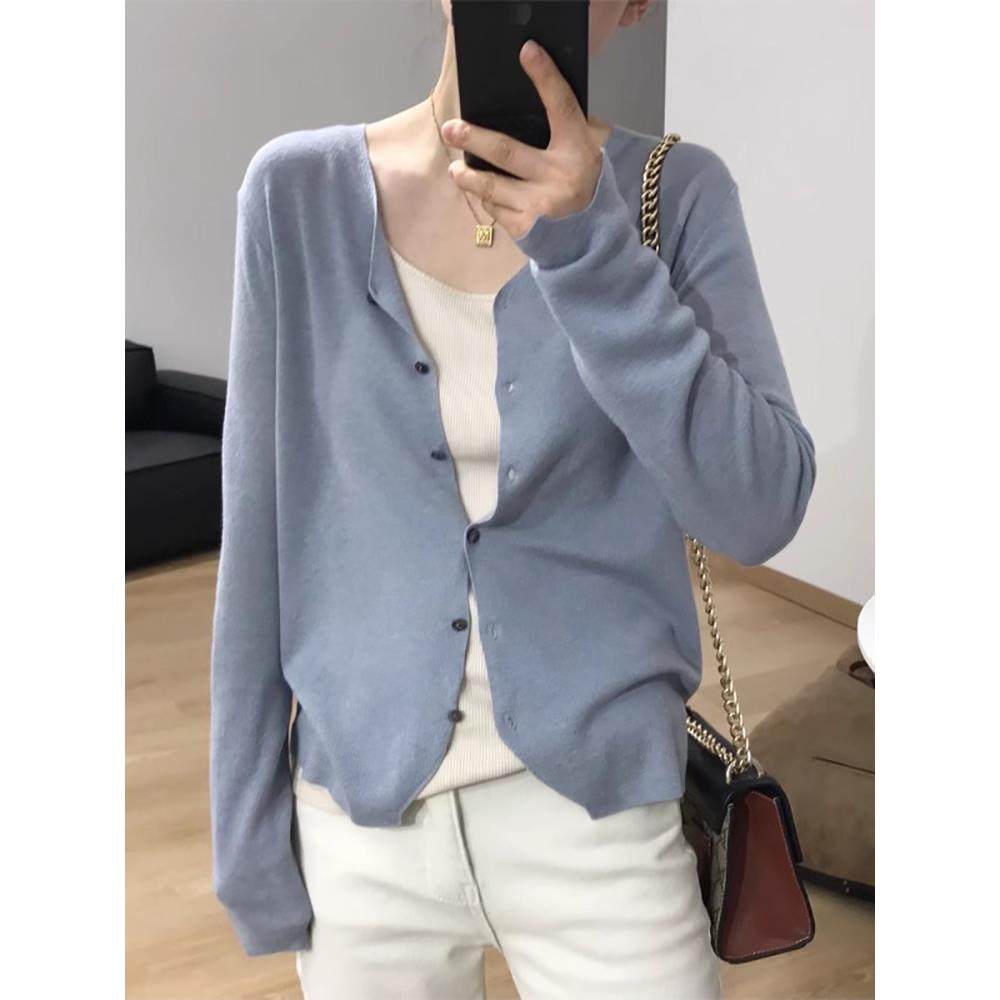 2025春秋新款高级感针织衫女设计感短款长袖上衣纯色V领薄款外套