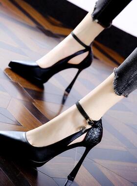 JIEFANSI香港韩版防水台细跟单鞋女2025春季新款尖头一字扣高跟鞋