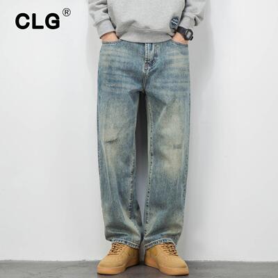 香港潮牌裤子男阔腿直筒浅色秋冬复古牛仔裤宽松大码休闲加绒加厚