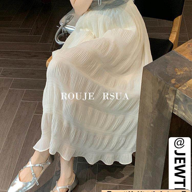 ROUJE RSUA法式新款小个子高腰遮跨百褶A字长裙夏季雪纺半身裙子