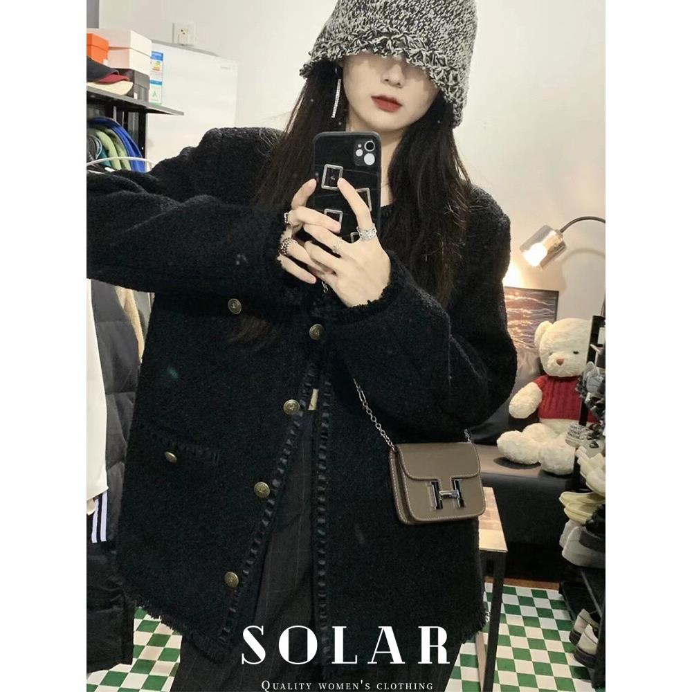 SOLAR/高级感黑色小香风粗花呢外套女2025春秋新款韩版气质上衣女