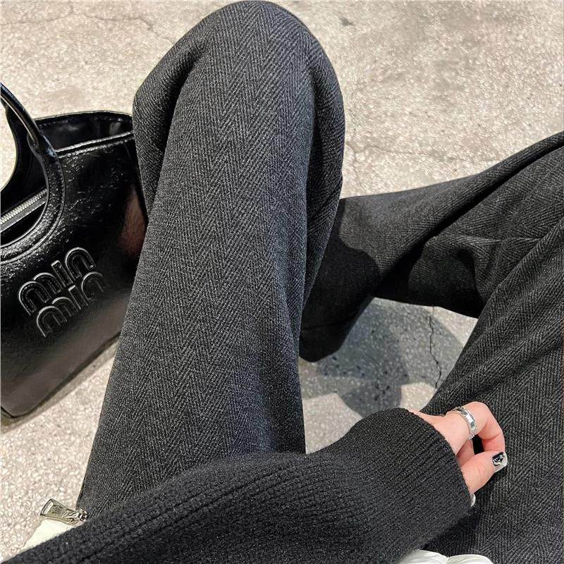 黑色毛呢窄版阔腿裤女秋季大码高腰垂感休闲人字纹秋冬加绒直筒裤