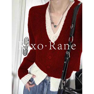 法国Rixo Rane⭐新年红色假两件V领针织开衫毛衣女秋冬季内搭上衣