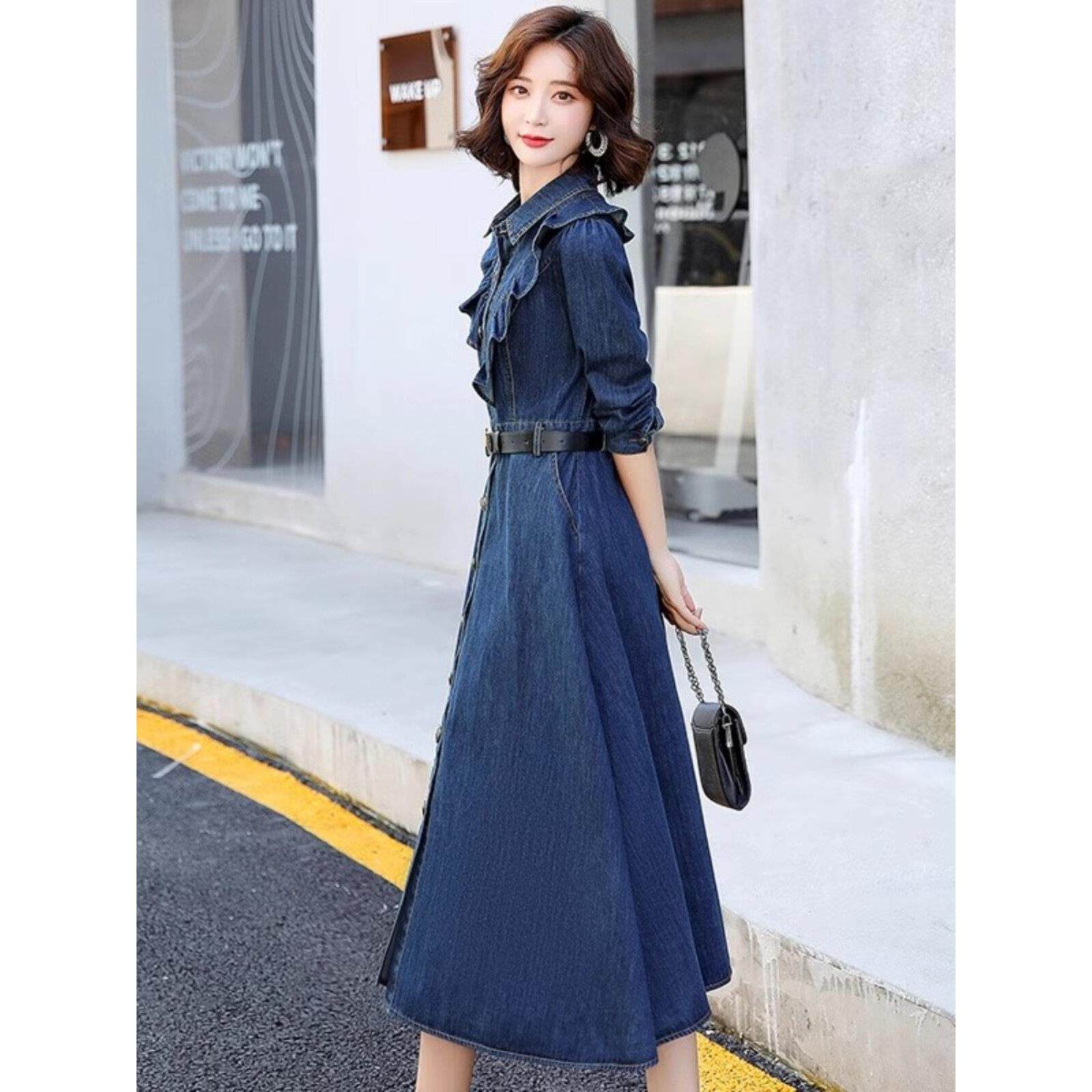 欧洲站中长款牛仔连衣裙女减龄2025年春秋新款修身设计感小众长裙