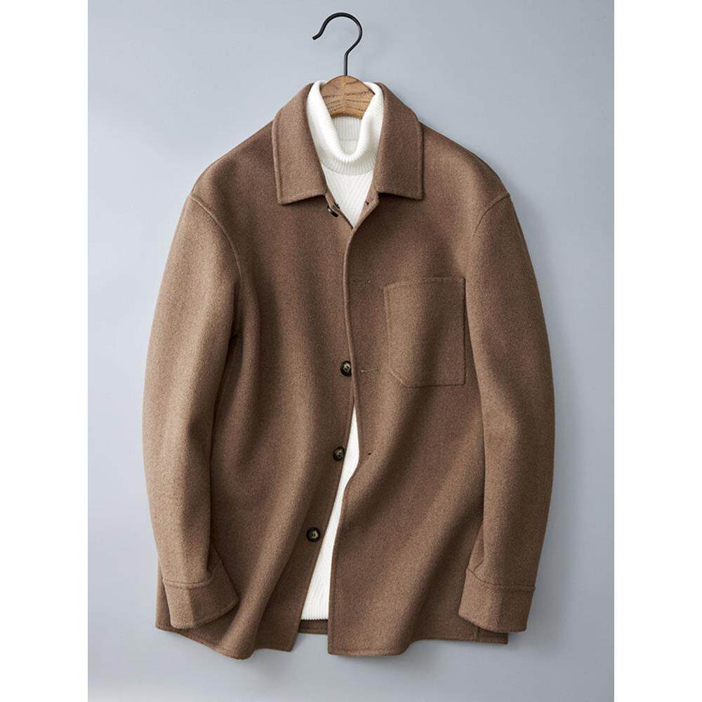 双面100%羊毛外套男秋冬短款翻领大衣韩版潮流毛呢子休闲夹克上衣