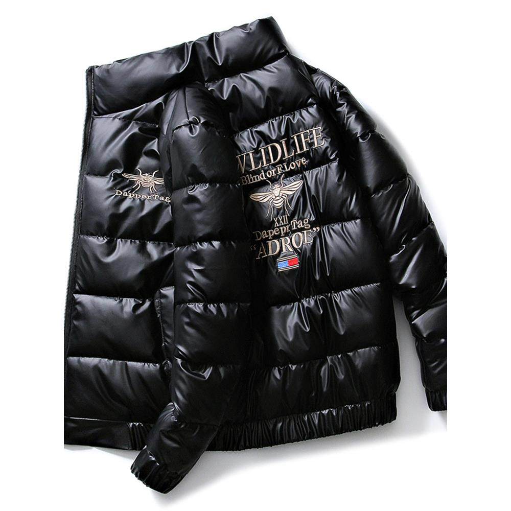 高端男士纯棉服秋冬季加厚短款个性蜜蜂刺绣潮牌棉衣黑色保暖外套