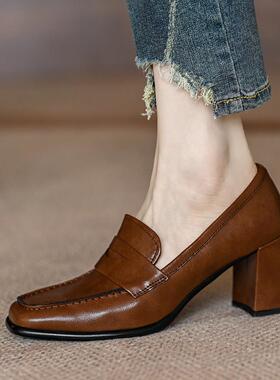 A.D Hepburn~英伦风小皮鞋女真皮粗跟高跟鞋复古方头高级感乐福鞋