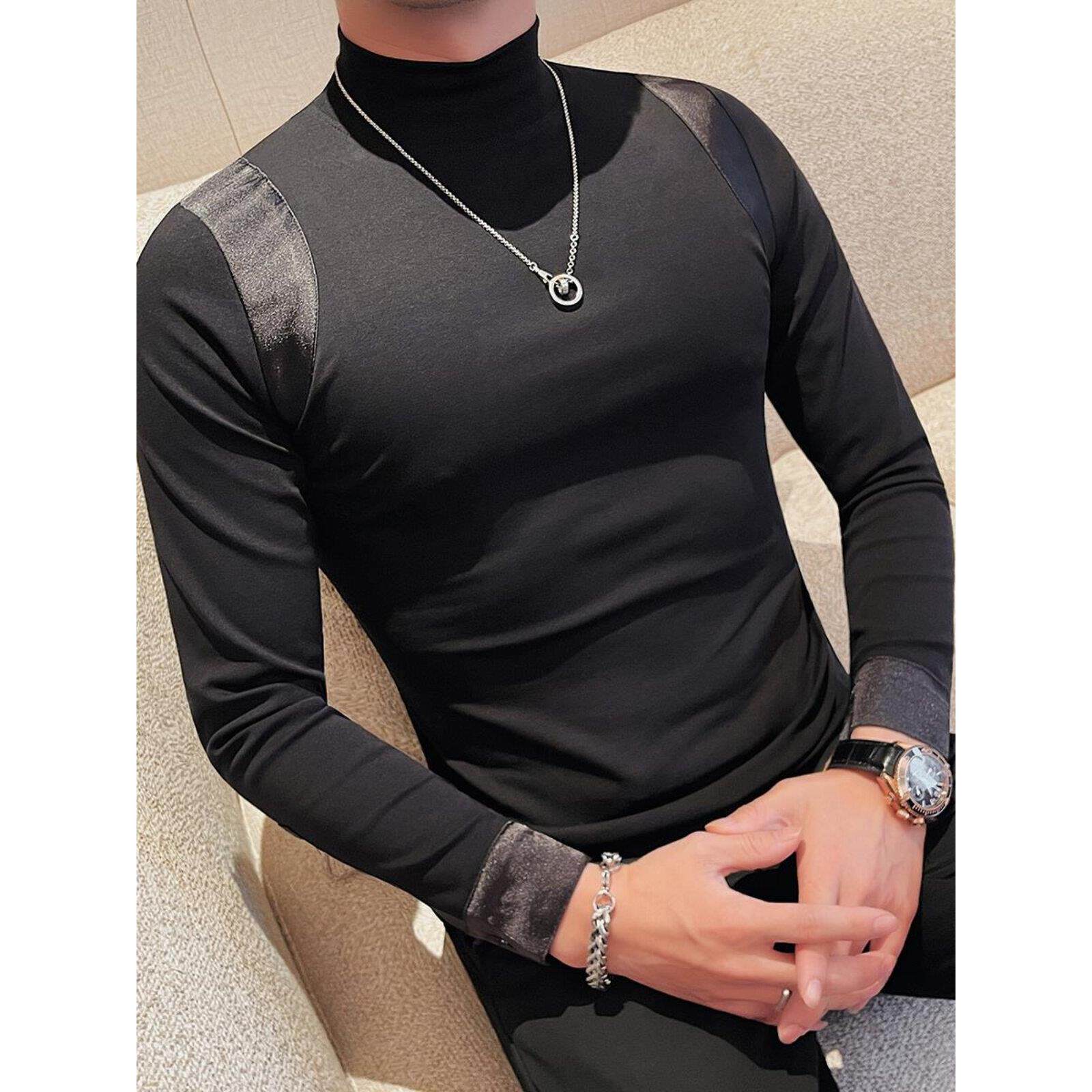 香港半高领拼接长袖t恤男秋冬加绒打底衫高级感弹力修身中领体恤