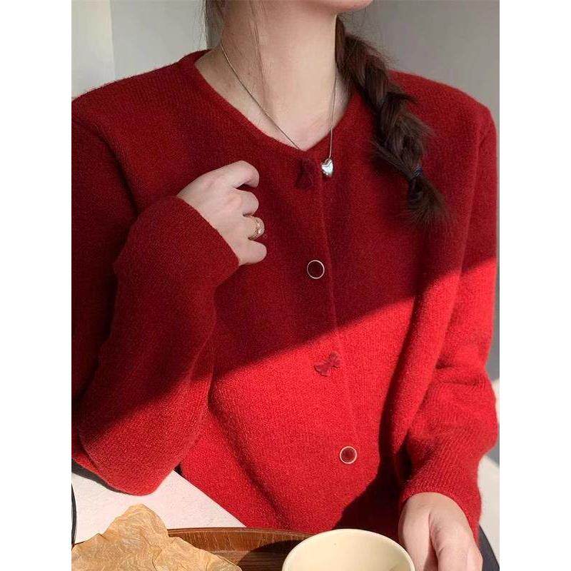 法国Rixo Kelly慵懒风圣诞红色蝴蝶结洋气小香风毛衣针织开衫外套