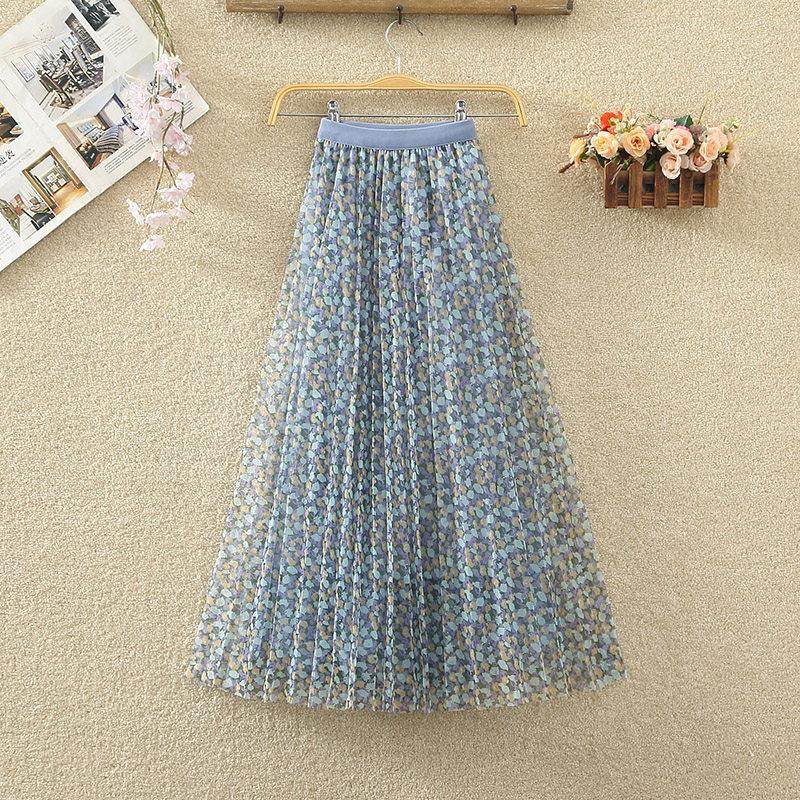 韩国碎花网纱半身裙女春秋新款高腰显瘦中长裙子印花百褶a字纱裙,女装/女士精品,真丝上装,淘宝优惠券,粉丝福利购,淘宝优惠卷