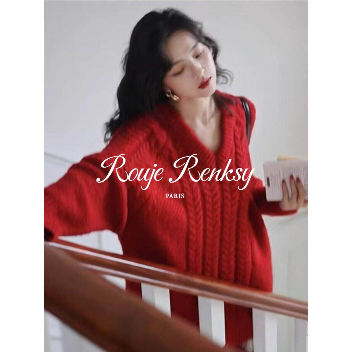 法国Rouje Renksy法式宽松慵懒红色毛衣女秋冬覆古v领麻花针织衫