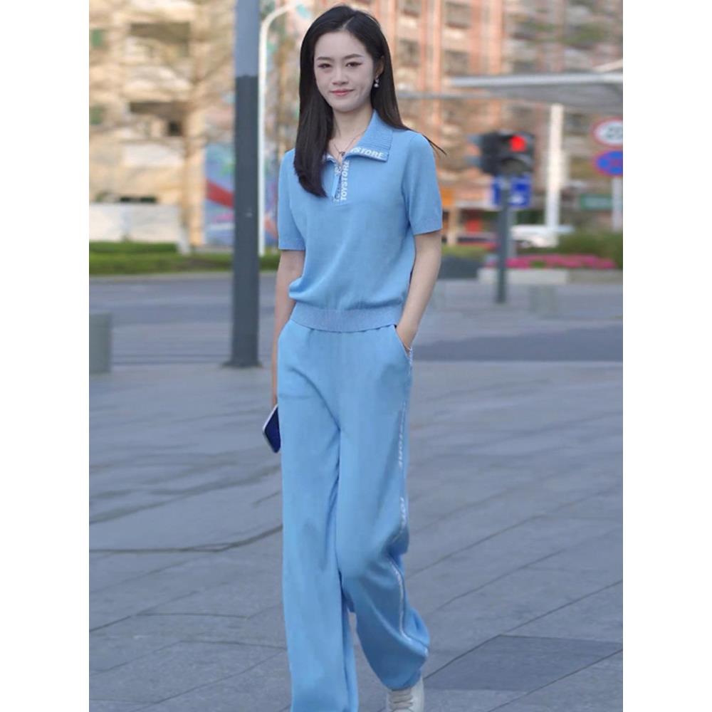 蓝色短袖休闲运动套装女2026夏季洋气显瘦减龄上衣阔腿裤两件套
