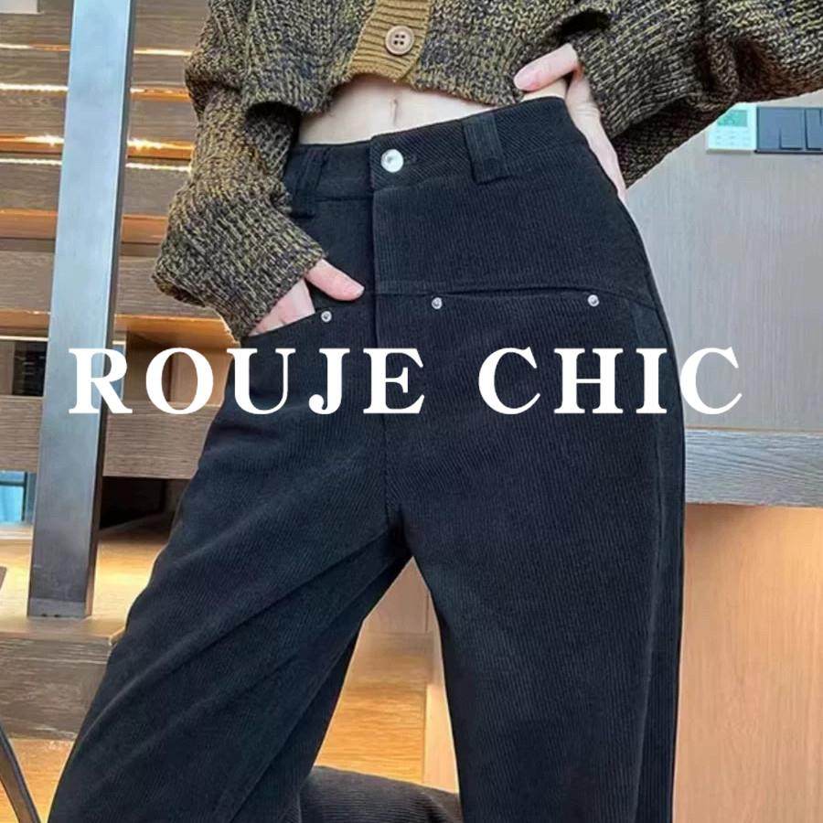 法国rouje chic黑色雪尼尔西装阔腿裤女秋冬垂感加绒灯芯绒直筒裤