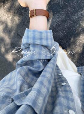 Rouje Dama法式蓝色格子长袖衬衫女宽松慵懒上衣百搭防晒衬衣外套