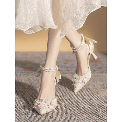 羊皮尖头蝴蝶结高跟鞋女鞋春秋设计感气质小众珍珠一字扣浅口婚鞋