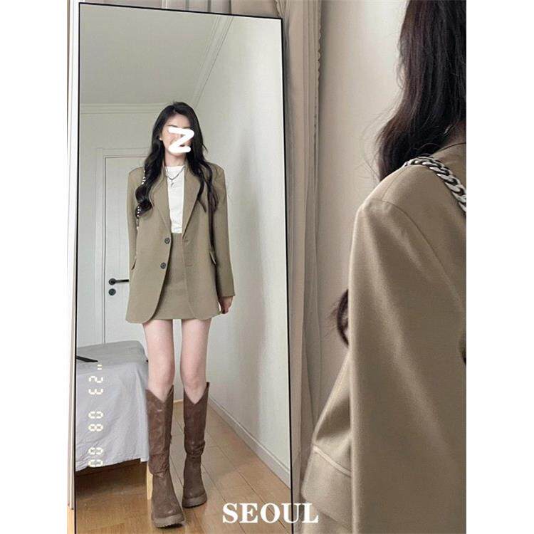 SEOUL喵/棕色小西装外套女2025春秋新款小个子休闲西服短裙两件套