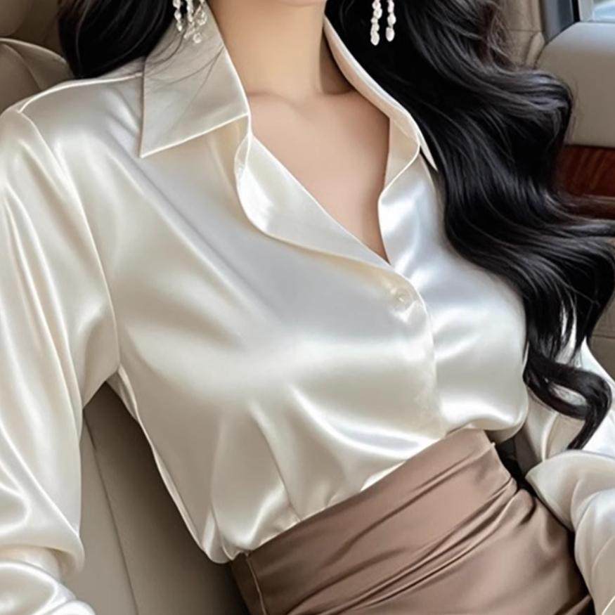 轻奢真丝2025年春秋新款高级感职业正装醋酸缎面白衬衫女长袖衬衣