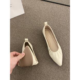 香港温柔仙女风格裙装晚装鞋浅口尖头打褶软皮奶奶鞋女士低厚跟平