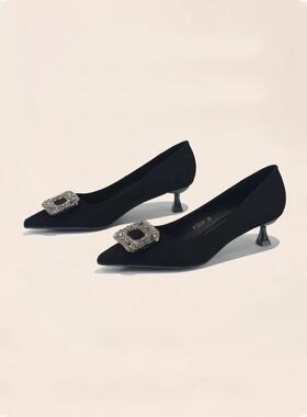 Cozyroom法国方扣莱茵石低跟3厘米低跟黑色专业女性高跟鞋2025新