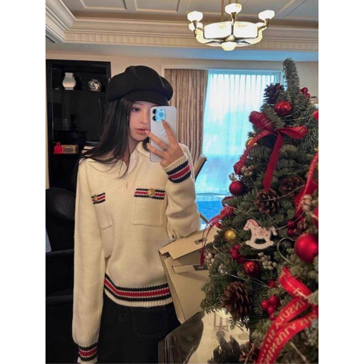 法国Rixo Kelly千金白色Polo领条纹针织衫女高级撞色新款毛衣内搭