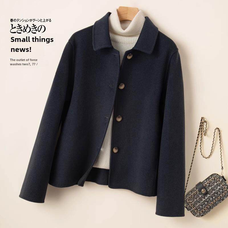 韩国小个子双面厚绒大衣女2024年冬季新款宽松短款娃娃领毛呢外套