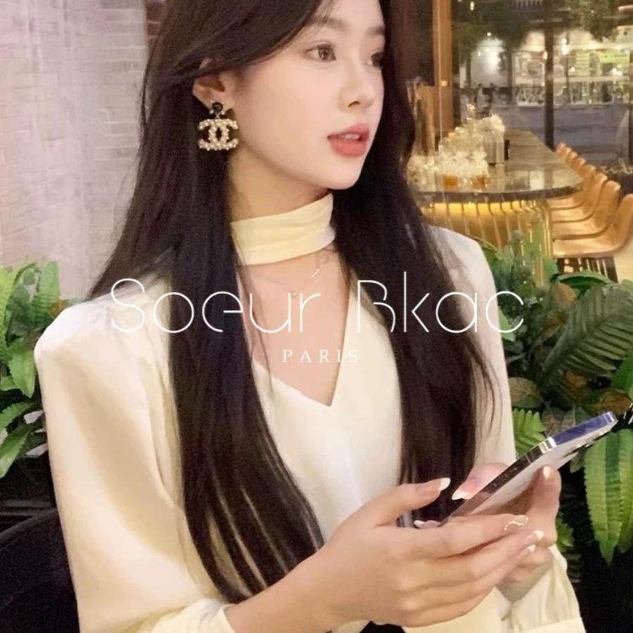 法国SOEUR BKAC春季优雅气质杏色缎面衬衫法式设计挂脖v领上衣女