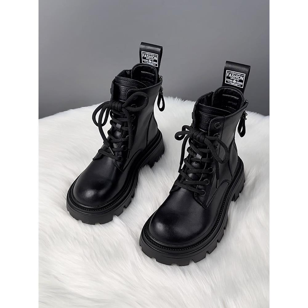 英国真皮粗跟马丁靴女2025新款秋冬厚底黑色英伦风短靴小个子单靴