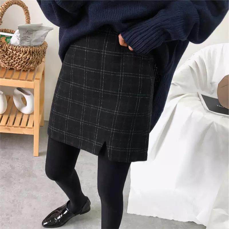 NextMary港风格子半身裙毛呢短裙秋冬季加厚包臀裙大码显瘦a字裙