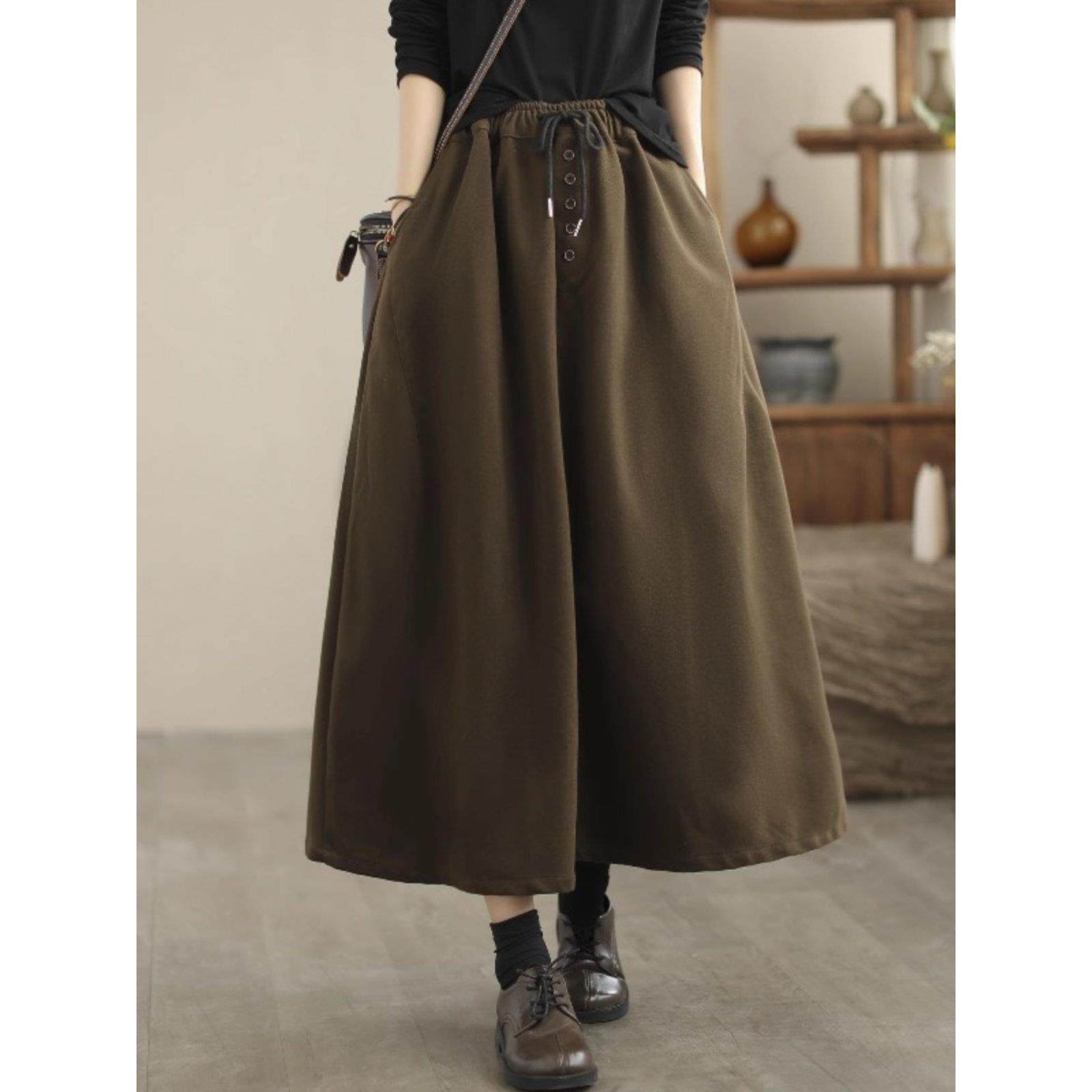 日系a字中长款半身裙女2025秋冬季新款高腰抽绳宽松显瘦伞裙,女装/女士精品,大码半身裙,淘宝优惠券,粉丝福利购,淘宝优惠卷