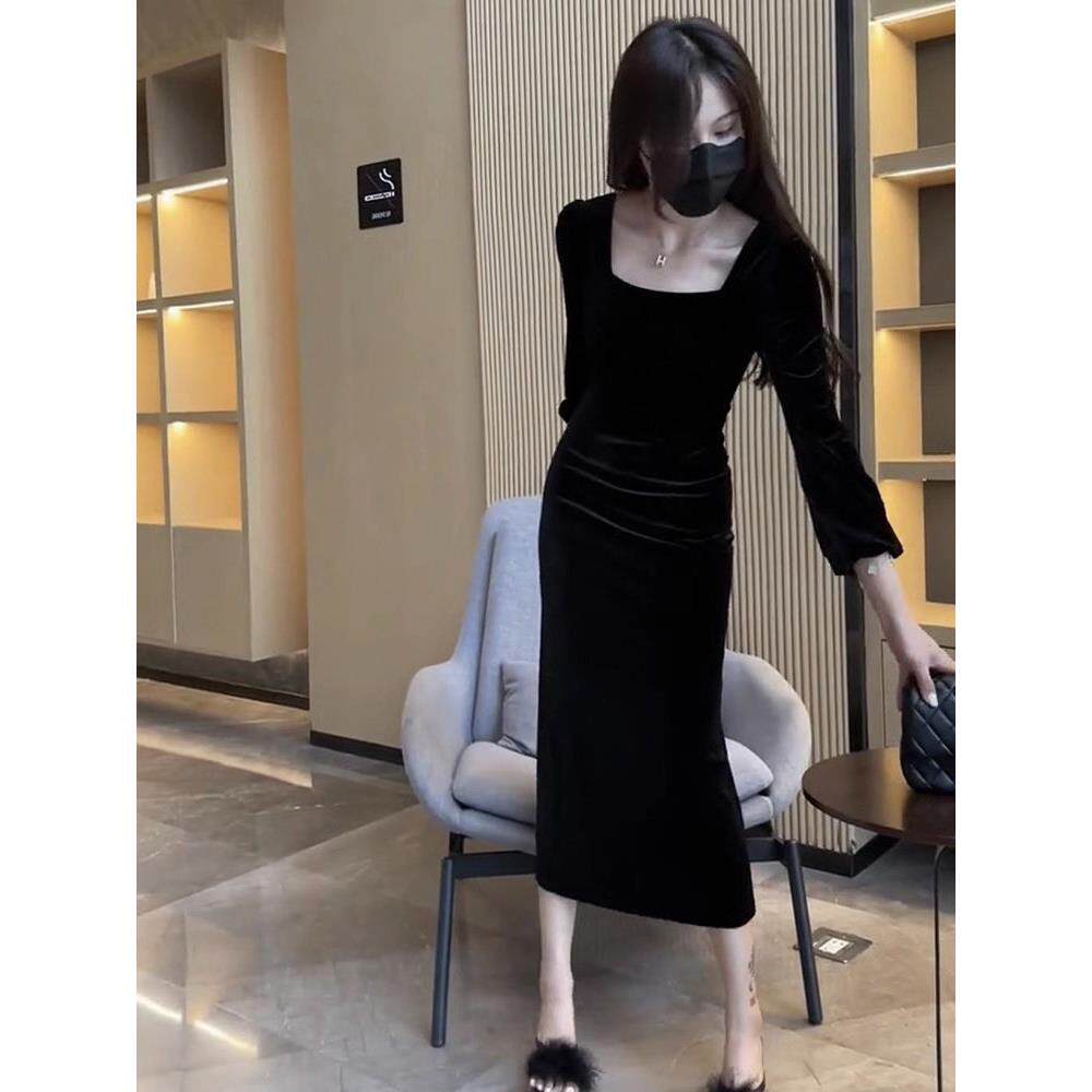 2025春夏款高级感金丝绒方领连衣裙女新款气质修身显瘦长袖包臀裙