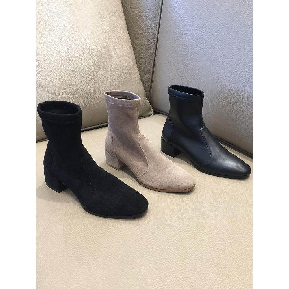 Sw短靴女式厚跟中跟2025新款秋冬羊毛衬里真皮高跟马丁弹力修身袜