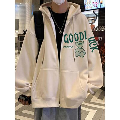 2025春秋加绒开衫卫衣男青少年宽松休闲连帽外套春秋小熊拉炼上衣