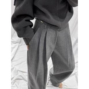 宽松垂感通勤洋气长裤 直筒阔腿裤 秋冬 damas灰色条纹高腰西装 tach