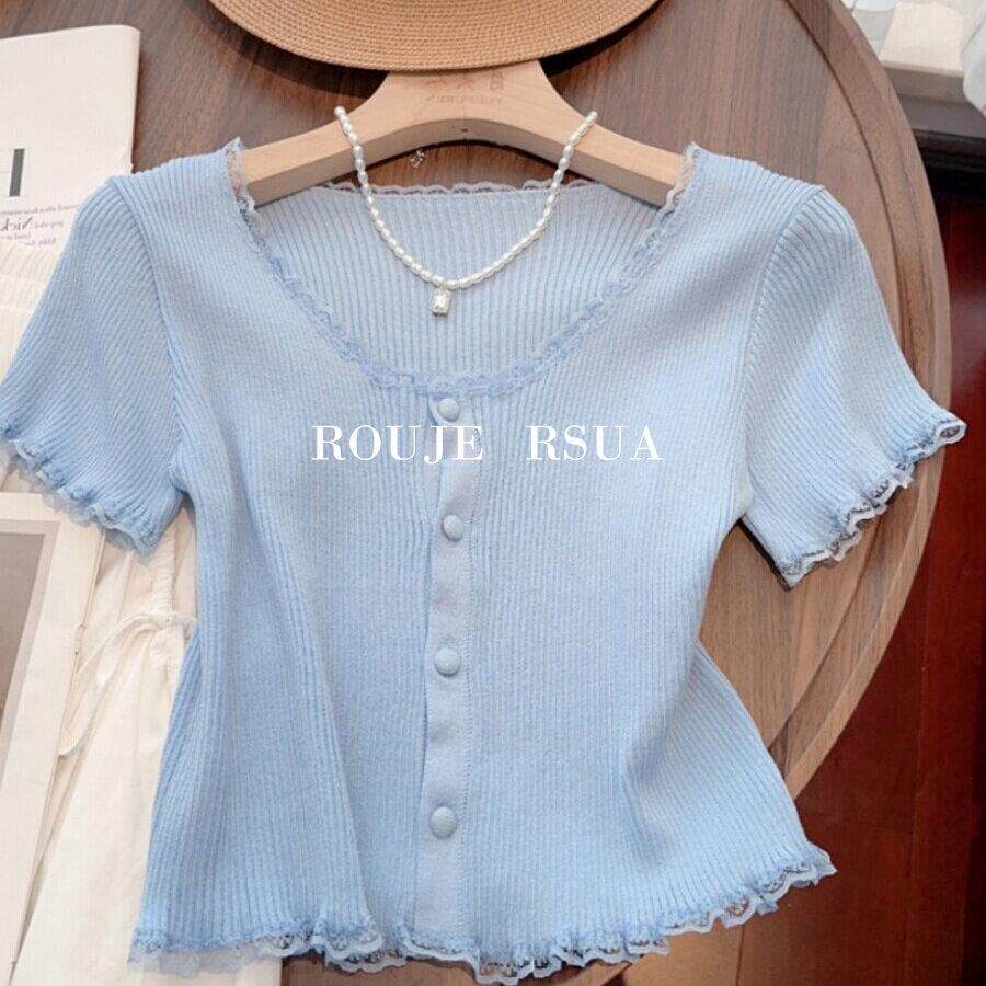 ROUJE RSUA法式夏季小个子短款显瘦上衣修身女装纯欲蕾丝短袖t恤