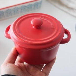 烤碗 出口美国红色哑光小号陶瓷家用蒸蛊带盖双耳碗蒸蛋碗