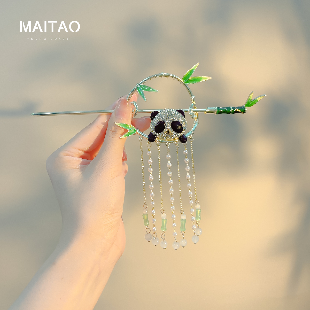 新中式熊猫流苏发簪女高级感古风气质汉服旗袍后压簪子表演出新款