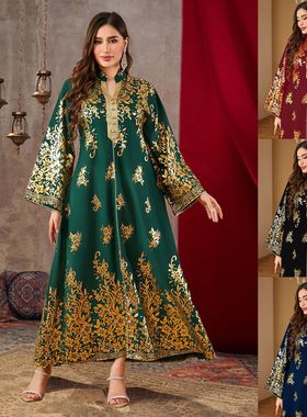 跨境新款中东女装时尚烫金印花V领长裙Musilin连衣裙abaya现货