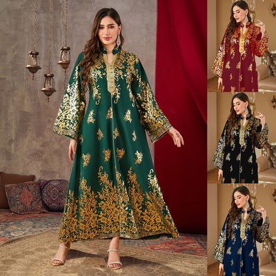 跨境新款中东女装时尚烫金印花V领长裙Musilin连衣裙abaya现货